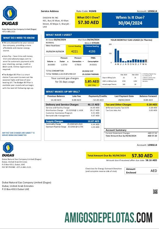realista Modelo de conta de serviços públicos dos Emirados Árabes Unidos Dubai Natural Gas Company Limited (Dugas) em formatos Word e PDF